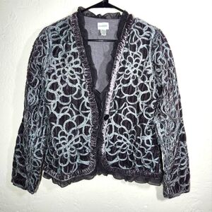 EUC Chicos Jacket Womens 0 Small Black Gray Swirl Button Front Lacey Art to Wear